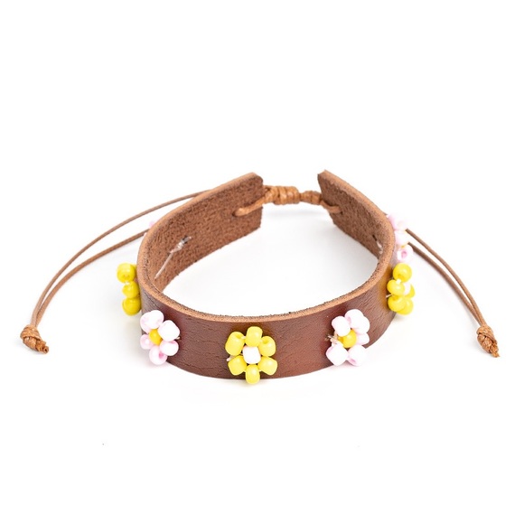 Pink and Yellow Flower Seed Bead Leather Pull tie bracelet - Picture 2 of 2